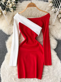 Spliced Fashion Knitted Dress Women Long Sleeve Elastic Waist Short Sweater Dress 2022 Winter Sexy Bodycon Warm