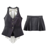 Spring Style Bow Removable Back-Hanging Waistcoat Pleated Half-Length Skirt-Outfit