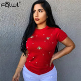 Loose Women Short Sleeve Pearl Beading Tshirt Ladies Tee Tops Summer Solid Weekend Casual Fit Round Neck Basic T