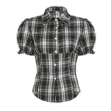 College Style Retro Check-Colored Bubble Sleeves Slim Slim Collar Buckle Short-Sleeved Shirt