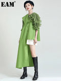 Women Green Pleated Irregular Long Blouse New Lapel Half Sleeve Loose Fit Shirt Fashion Tide Spring Summer 2023