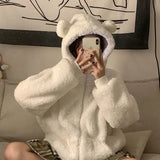 QWEEK Kawaii Bear Ears Hoodie Women Autumn Winter Zip Up Fleece Cute Top Korean Style 2021 Soft Girl Cotton Long Sleeve