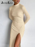 2021 Autumn Winter Turtleneck Ribbed Women Knitted Midi Dress Sexy Bodycon With Pads Basic Long Sleeve Split