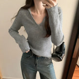 Lapel Folded Into Solid Color Long-Sleeved Knitted Sweater A New Style V-Collar Underwear In Autumn And Winter-Outfit