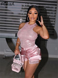 Summer Casual 2 Two Piece Sets Outfits Women Sleeveless O Neck Top Drawstring Shorts Pink Tracksuits Black Matching