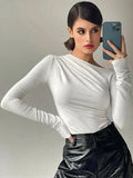 Sleeve Top White T-Shirts Women Basic Crop Top Autumn Pollover Solid Skew Neck T Shirt Streetwear Basic Black Y2K Tees-Outfit