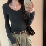 Round-Neck Ins Long-Sleeved Blouse Women's New Autumn Solid Color Cashmere Basic Slim Bottomed Blouse-Outfit