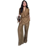 New Women's Long-Sleeved Folding Leisure Loose Broad-Legged Camel