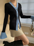 Fashion Women Knitted Cardigan V-neck Spliced Denim Flare Sleeve Contrast Color Sweater Coat Spring 2023 Trend New