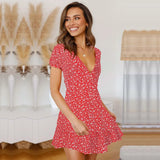 Floral Print Summer Dress Women Short Sleeve V-neck Mini Dress Casual Ruffles Female Boho Beach Dress Vestidos