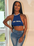 Spring Summer Streetwear White Bodycon Crop Tops Women 2022 Backless Halter Crop Top Women O Neck Bandage Fashion