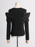 Toloer 2024 New Splice Bow Small Design Sense Black Long-Sleeved T-Shirt Female Careful Machine Off The Shoulder Coat-Outfit