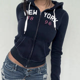 Letter Printing Rope T-Shirt Zip Hooded Casual Coat Woman 2025 Autumn And Winter New Top