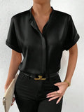Women's Dress Solid Color Satin Short-Sleeved Shirt With Shoulder Collar Short-Sleeved Shirt Satin Shirt-Outfit