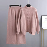 Winter Women Sweater Suits Thick Turtleneck Loose Sweater+ Wide Leg Long Pants Female Knitted Warm Two Pieces