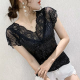 Summer Sexy Lace Women Blouse New V Neck Glitter Sequin Gauze Patchwork Tops Elegant Short Sleeve Slim Black T-shirt