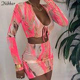 vintage fashion graphic 2 piece set female sexy see-through mesh fabric v neck lacing crop top&mini skirt Matching