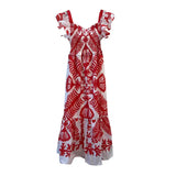 Vintage Blue Print Dress For Women Square Collar Short Sleeve High Waist Slim Maxi Dresses Female 2021 Summer