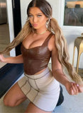 Fashion Brown Pu Leather Straps Crop