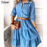 Long Sleeve Denim Dresses For Women Casual Solid Sexy Lace Up Dresses Stitching Lotus Leaf Mid Waist Tshirt