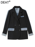 Women's Blazer Notched Collar Patchwork Denim Double Breasted Panelled Elegant Suit Jackets 2024 Summer New Fashion 29L3200-Outfit