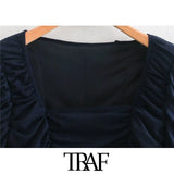 Women Fashion Pleated Tulle Snap-button Bodysuits Vintage Square Collar Long Sleeve Female Playsuits Chic
