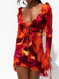 Women Y2K Ruffle Short Mini Dress Sexy Low Cut Deep V-neck Slim Fit Mesh See Through Dress Summer Beach Vestidos 2023-Outfit