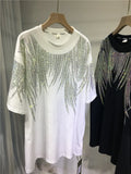 Women Tops Sequin Print Tees Round Neck Half Sleeve Loose Casual Regular Splice T Shirts Simple Hot Drilling Mid Length Top-Outfit