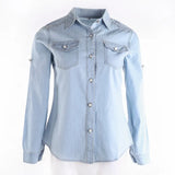 Women Retro Denim Shirts Autumn Clothes 2023 Adjustable Long Sleeve Stand-up Collar Single-breasted Slim Tops Streetwear-Outfit