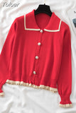 Korean Cropped Cardigan Y2K Fashion Sweaters Woman Sweater Ruffles Black White Cute Tops Fall 2023 Women