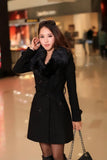 Length Wool Coats Women Fur Collar Splice Blends Korean Full Sleeve Double Breasted Lace Up Belt Thick Warm Winter Jackets-Outfit