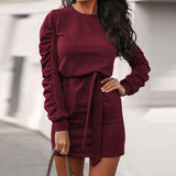 and winter women's solid color long-sleeved sweater tie
