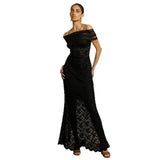 Women's Autumn New Word-On-A-Shoulder Perspective Sexy Lace Open-Fork Body-Body-To-Ssing Dress
