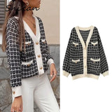 Brand Plaid Sweater Za Women Loose Casual Pockets Cardigan Winter Spring Outwear Female Tops Chandails 2021 Truien