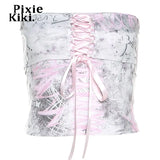 Y2k Summer Tops Cute Sexy Lace Up Crop Top Pink Asthetic Clothes Women Abstract Print Strapless Tanks