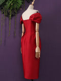 Elegant Dress For Women Slash Neck Puff Sleeve High Waist Solid Ruched Minimalist Midi Dresses Female Summer