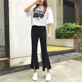 Women Solid Color Ankle-Length Elastic Waist High Womens Flare Trousers Pockets Simple Elegant Slim Leisure Korean