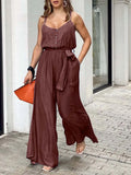 Celmia Elastic Waist Spaghetti Straps Overalls Women Fashion Wide Leg Pants 2022 Summer Long Rompers with Belt Casual