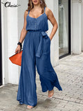 Celmia Elastic Waist Spaghetti Straps Overalls Women Fashion Wide Leg Pants 2022 Summer Long Rompers with Belt Casual