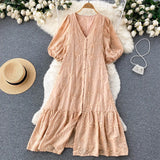 Embroidary Solid Women Chic Dress V Neck Gentle Single Breasted Retro Vacation 2022 Ladies A Line Beach Long