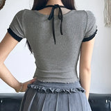 And Hot Wind Hit Color Fake Two Short-Sleeved T-Shirts Summer Butterfly Printed Wood Ear Slim Buckle All Match The Girl Of Clothes-Outfit
