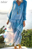 Spring Patchwork Ruffles Women's Dresses V Neck Petal Sleeve Loose Perspective Holiday Dress Fashion Clothes