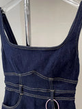 Streetwear Denim Midi Dress For Women Square Collar Sleeve High Waist Solid Patchwork Split Sling Dresses