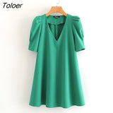 2020 women fashion v neck pleats puff sleeve solid green mini dress chic office lady vestidos casual straight dresses