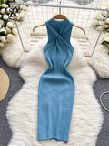 Backless Sexy Women Knitted Dress Summer 2022 Korean Style O Neck Slim Solid Sleeveless Ladies A Line Midi