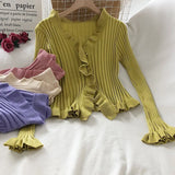 Korean Sweet Summer Cardigans Vintage Office Lady V Neck Flare Long Sleeve Ruffles Sweaters Japanese Knitwear
