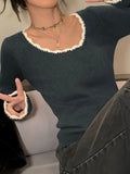 Gray Long Sleeve Knit Top with Contrast Color