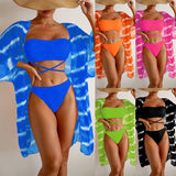 2025 Solid Color Colorful Swimsuit Wave Chiffon Beach Three-Piece Bikini