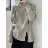 Women's Roll Collar Mock Slit Hems Striped Pit Relax Fit Sweater Winter Solid Color Pulls Casual
