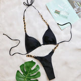 Toloer New Sexy Thong Bikini Metal Chain Rope Swimsuit Split Band Solid Color Women's